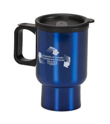 Blue insulated travel coffee mug with a black handle, lid and printed logo