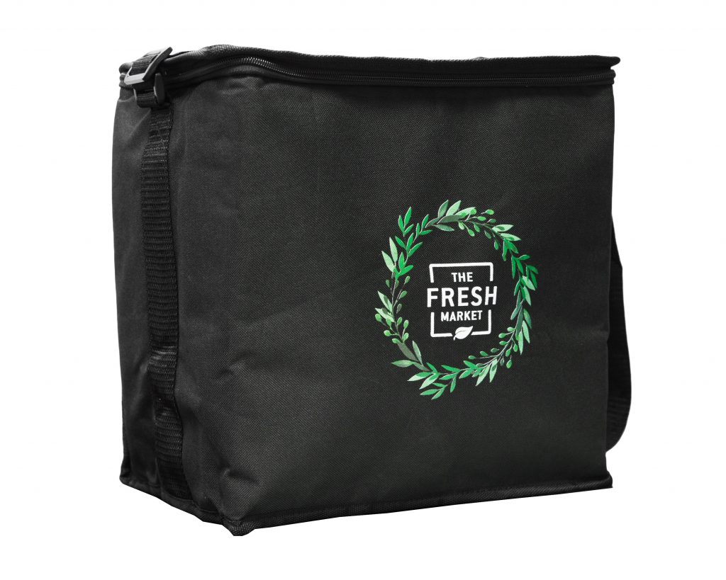 Black Fresh Market insulated grocery bag with a zip top and green printed logo