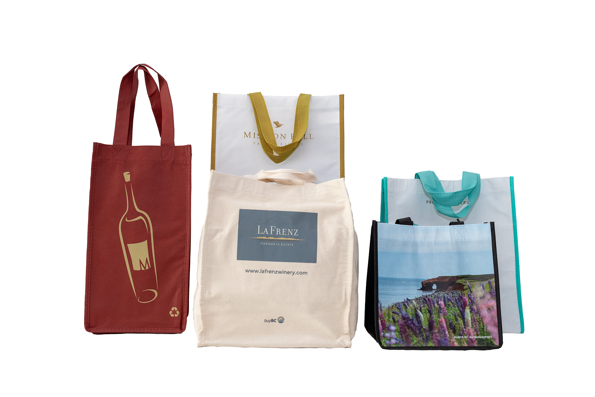 Red, natural and multicolour reusable wine bags with long handles and printed logos