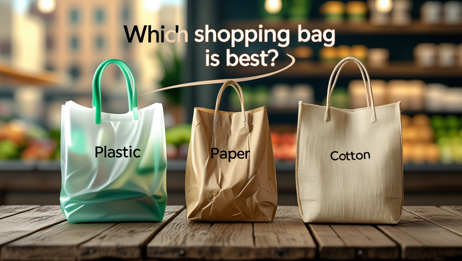 Plastic, paper and cotton shopping bags displayed side by side for comparison