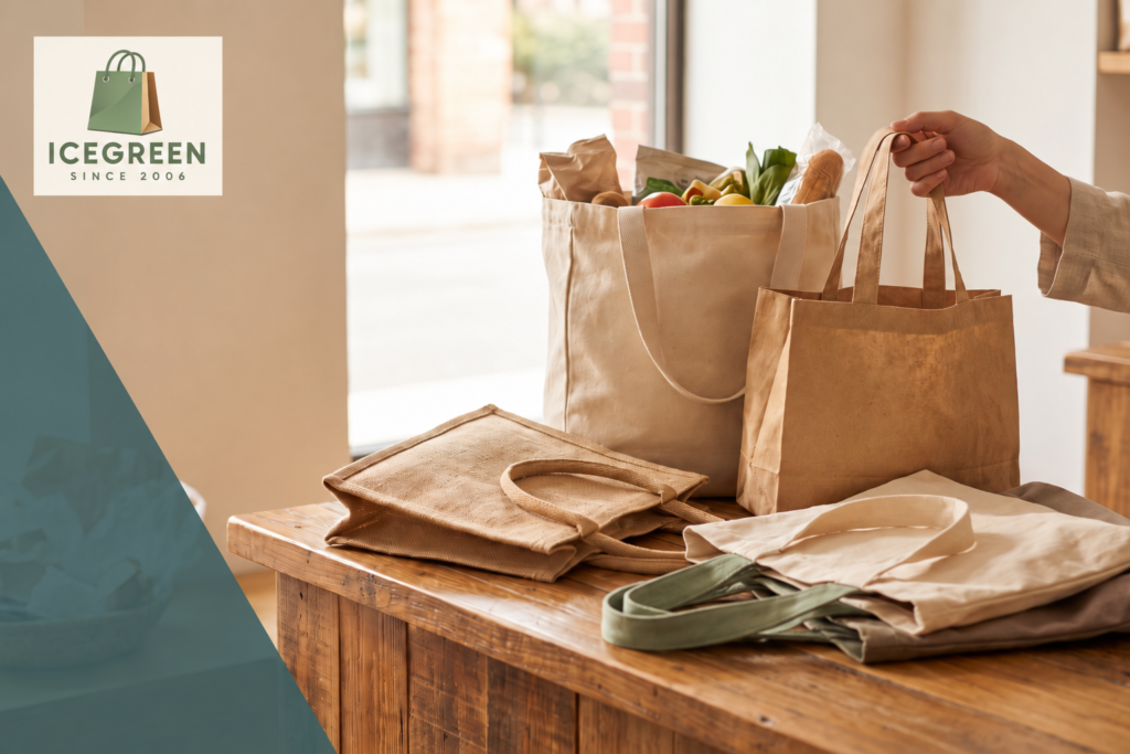 Reusable shopping bags and groceries on a wooden table with the Icegreen logo