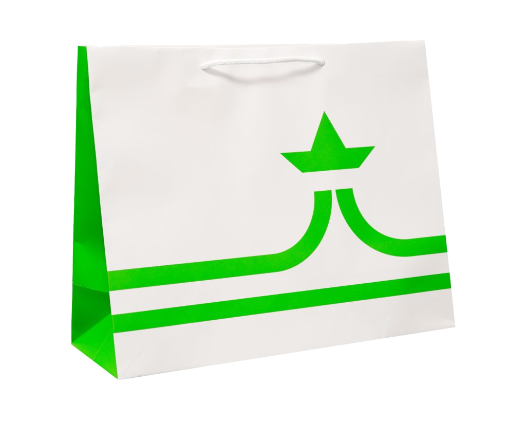 White and green recyclable paper shopping bag with rope handles and a printed green graphic