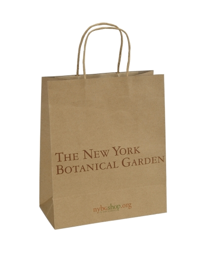Brown Canadian-made kraft paper shopping bag with twisted handles and a New York Botanical Garden logo