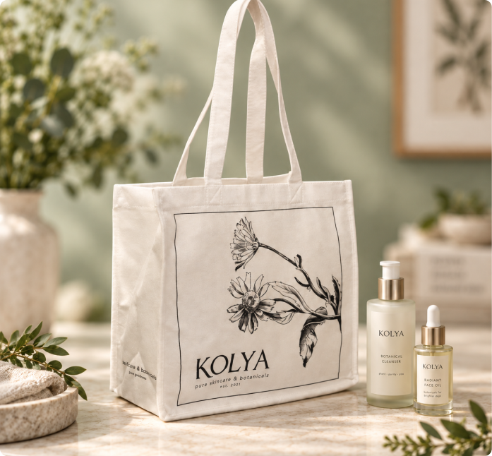 Cream bamboo shopping bag with a black floral KOLYA print and long handles