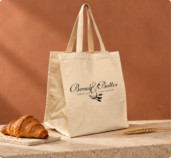 Natural cotton shopping bag with a Bread and Butter logo beside fresh bread