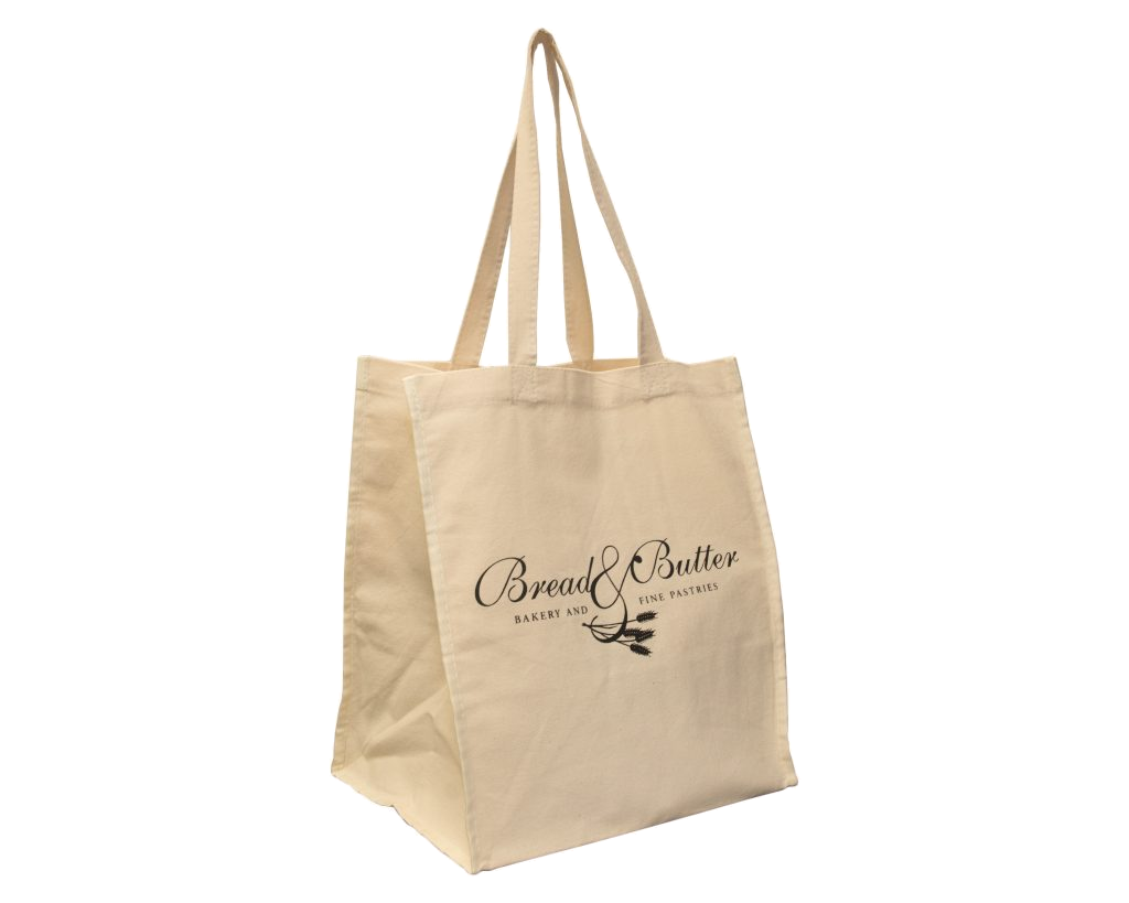 Natural cotton shopping bag with long handles and a Bread and Butter logo