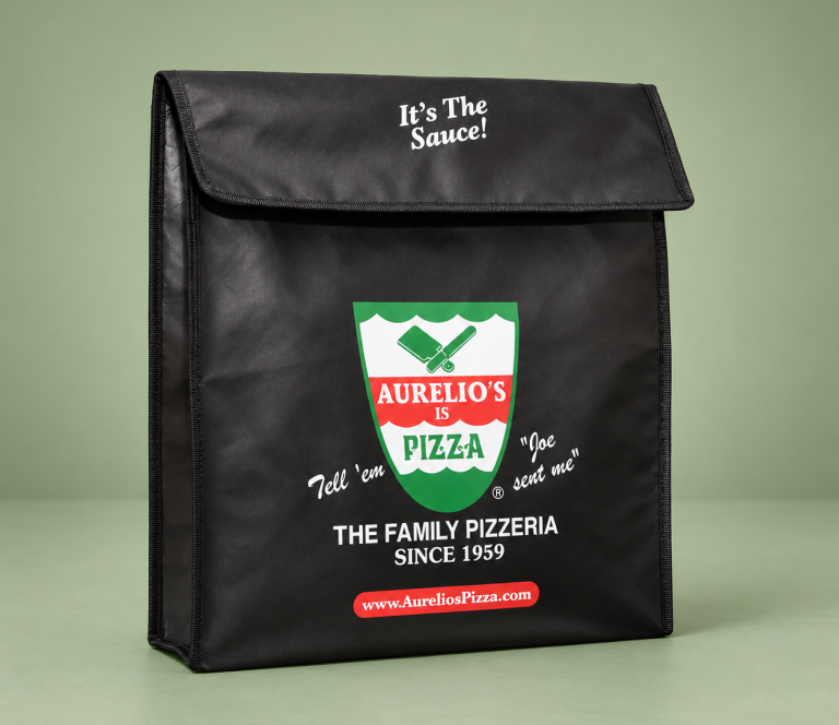 Black Avello's Pizza insulated food delivery bag with a front flap and printed logo