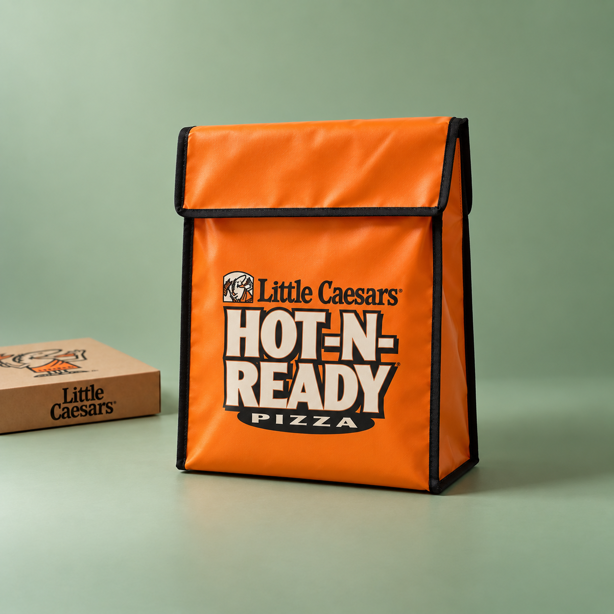 Orange Little Caesars insulated pizza delivery bag with a black trim and front flap