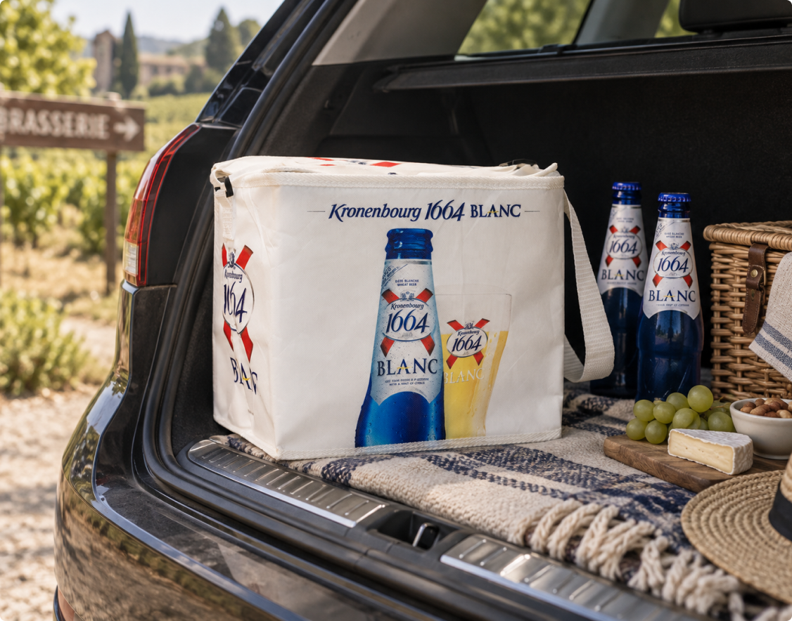 Kronenbourg 1664 Blanc thermal shopping bag with drinks in a car boot