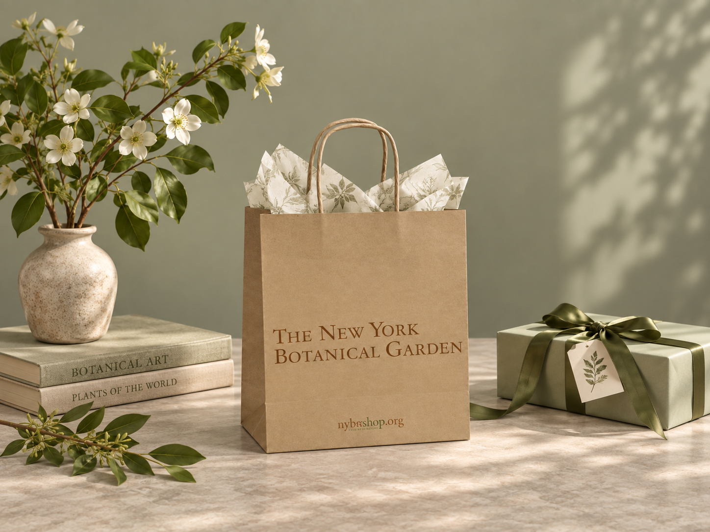 New York Botanical Garden kraft paper shopping bag with twisted handles beside flowers