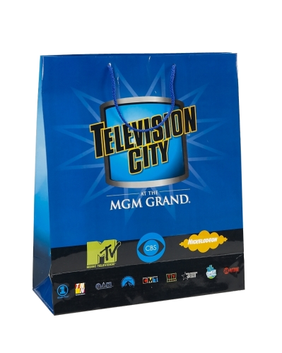 Blue laminated paper shopping bag with TELETOON AT NIGHT printed graphics and rope handles