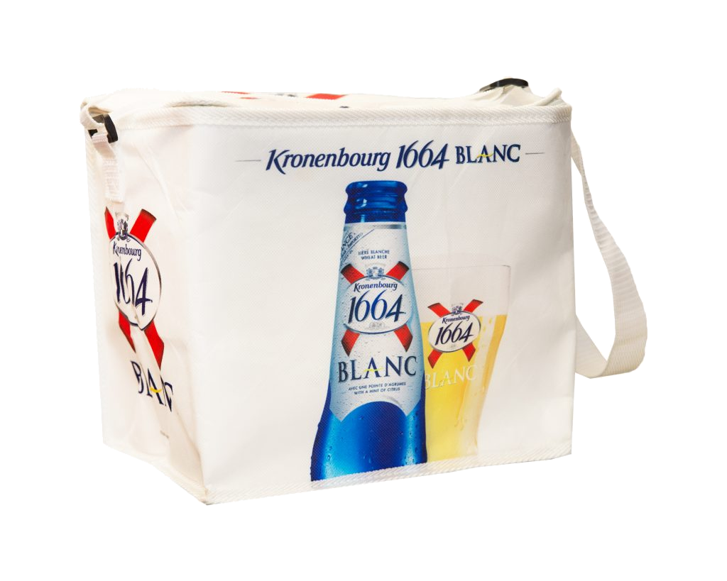White laminated thermal bag with bottle graphics, long handles and Kronenbourg printing