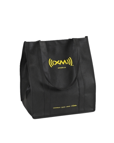 Black non-woven reusable grocery bag with handles and a yellow SiriusXM logo
