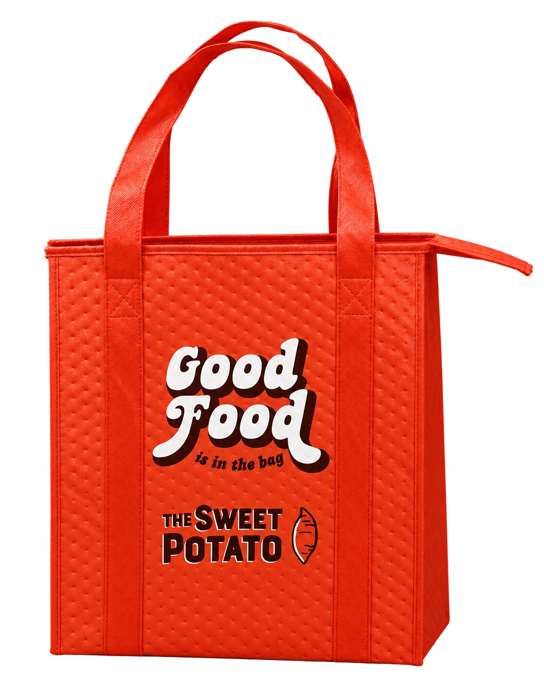 Red Sweet Potato non-woven thermal shopping bag with handles and a side zip