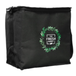 Black Fresh Market nylon thermal bag with a zip closure and green printed logo