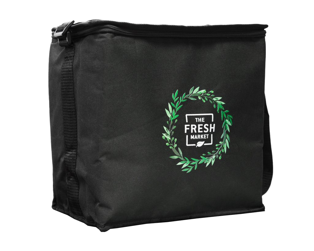 Black Fresh Market nylon thermal bag with a zip closure and green printed logo