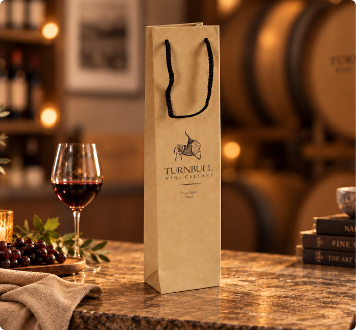 Tall kraft paper wine bag with rope handles beside a glass of red wine