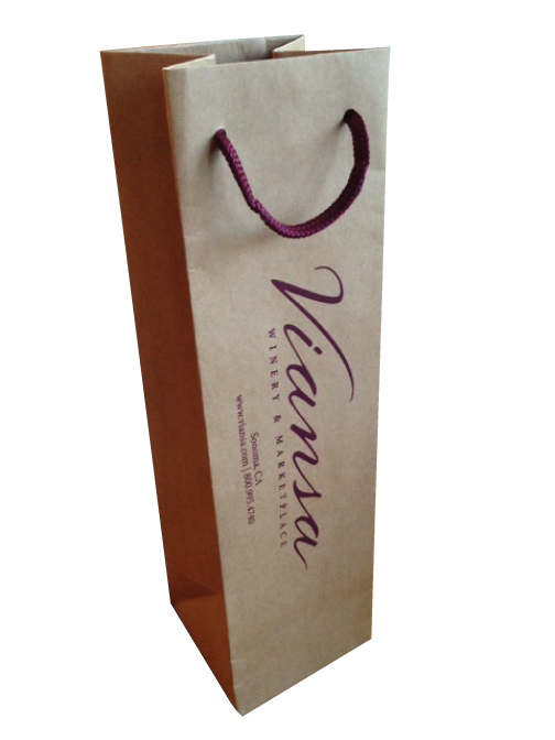 Tall custom paper wine bag with burgundy rope handles and matching printed branding
