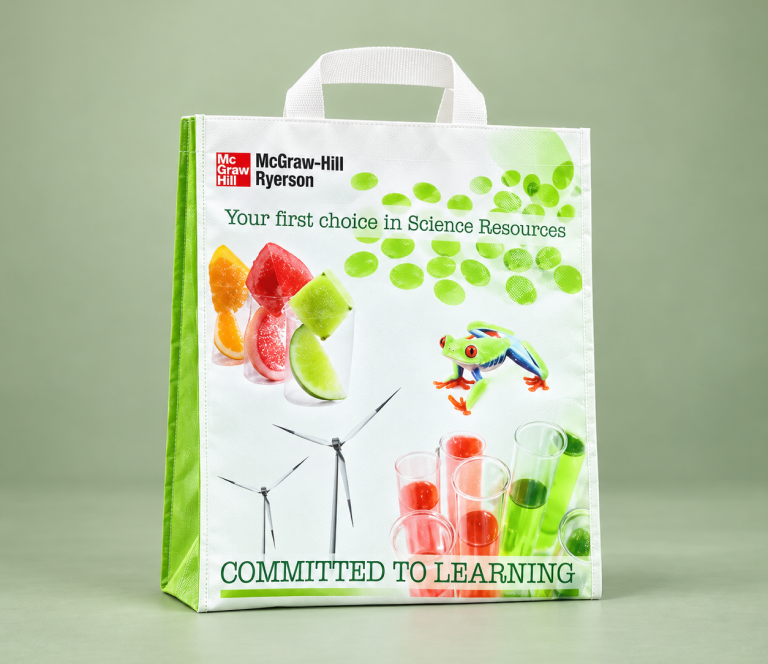 White reusable promotional shopping bag with colourful school and learning graphics