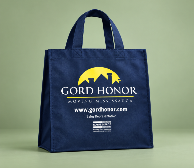 Navy blue Gord Honor reusable tote bag with a printed real estate logo