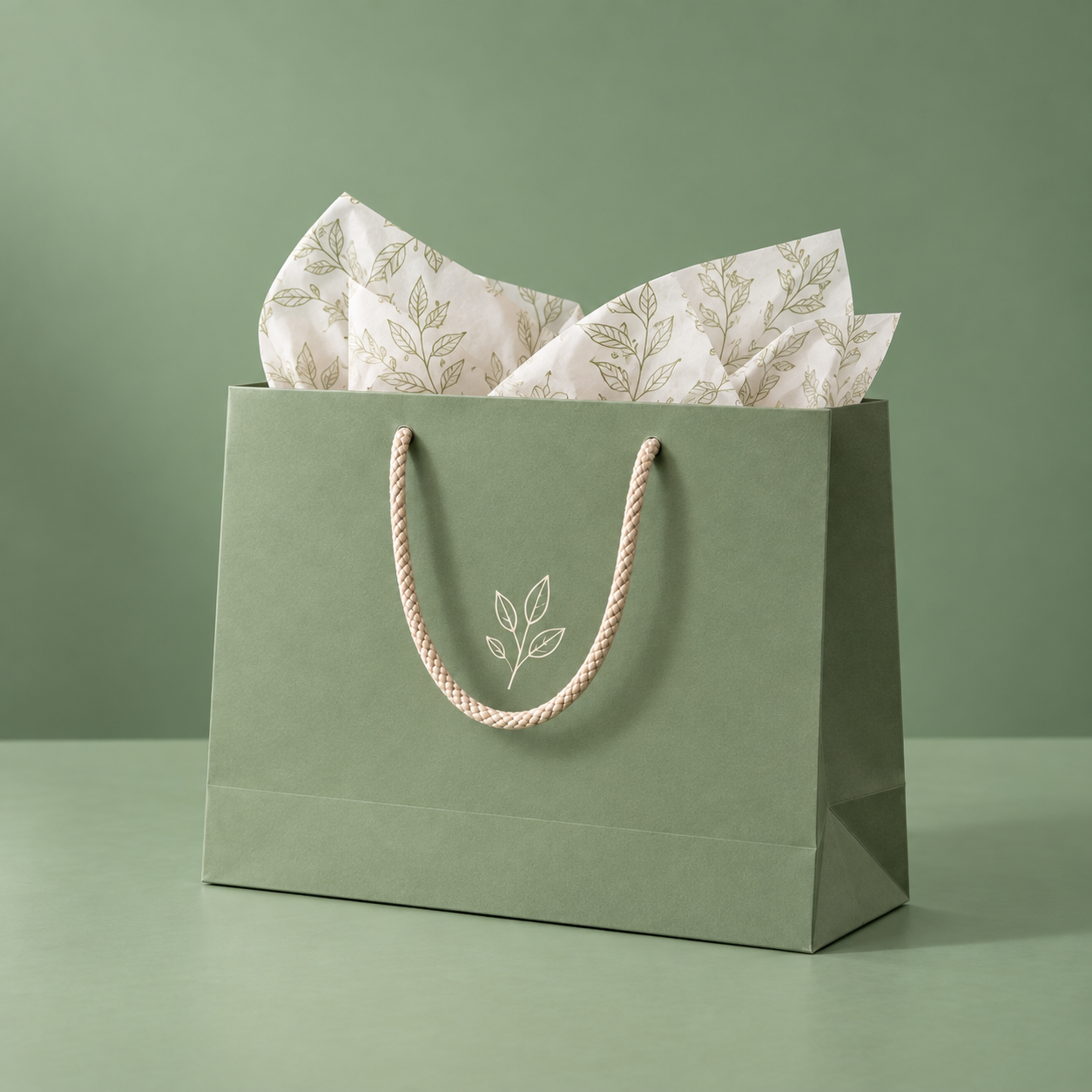 Green retail paper shopping bag with rope handles and white tissue paper
