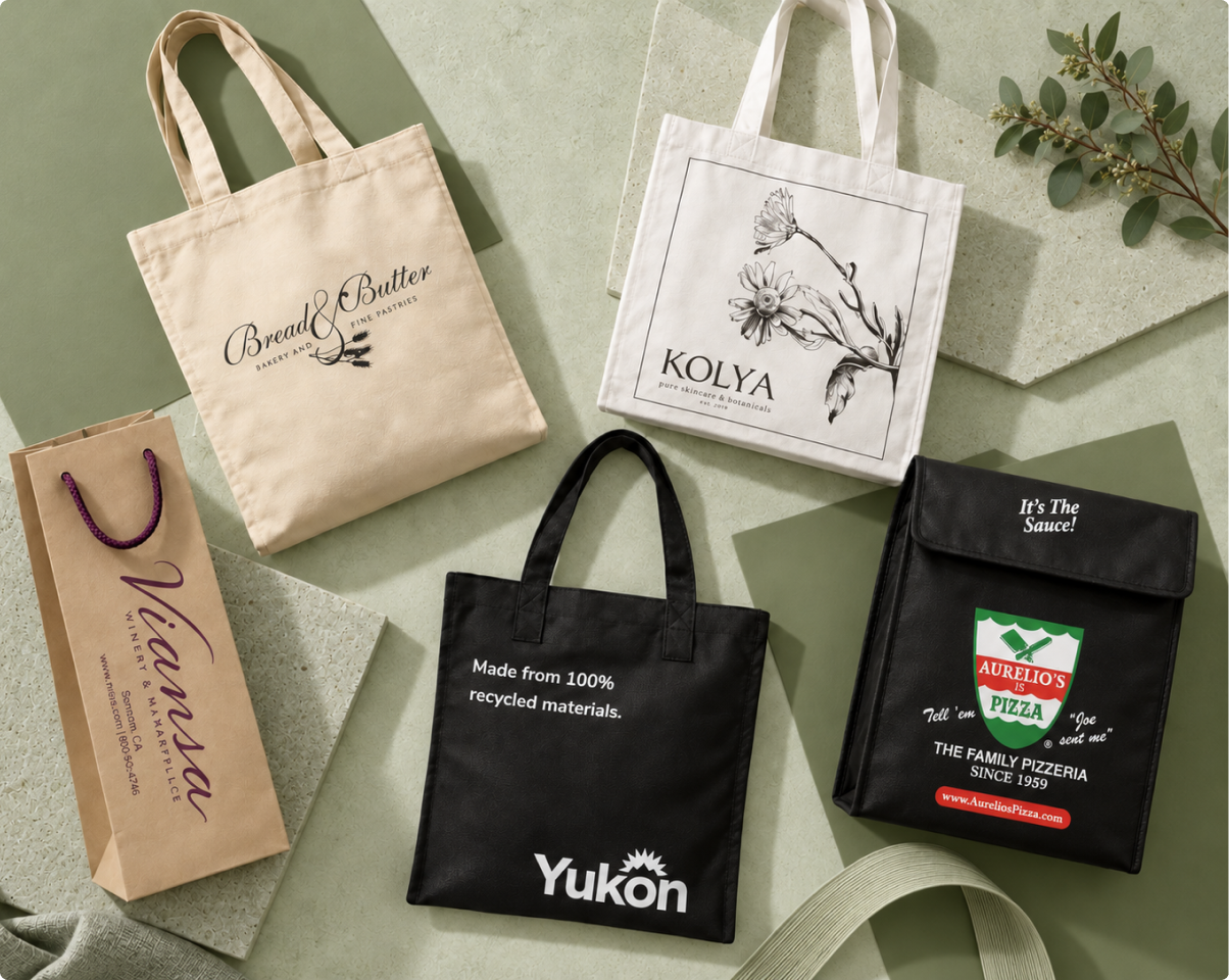 Custom reusable bags in different materials, including natural fabric totes and black printed shopping bags
