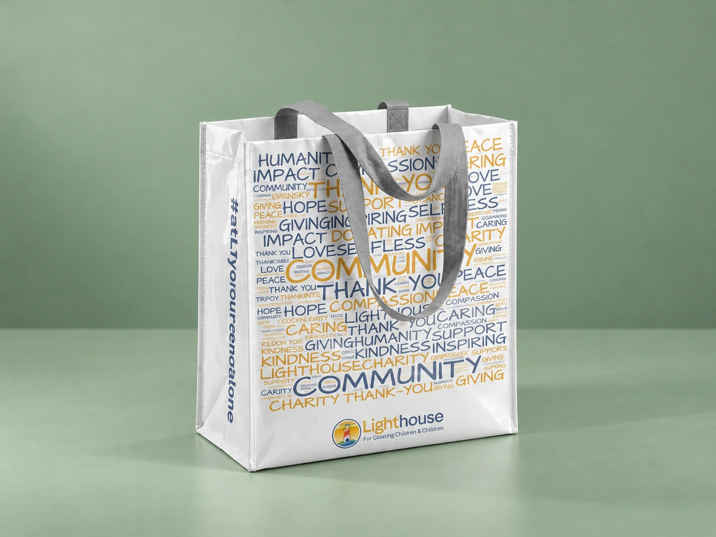 White custom printed shopping bag with Lighthouse community typography and carrying handles