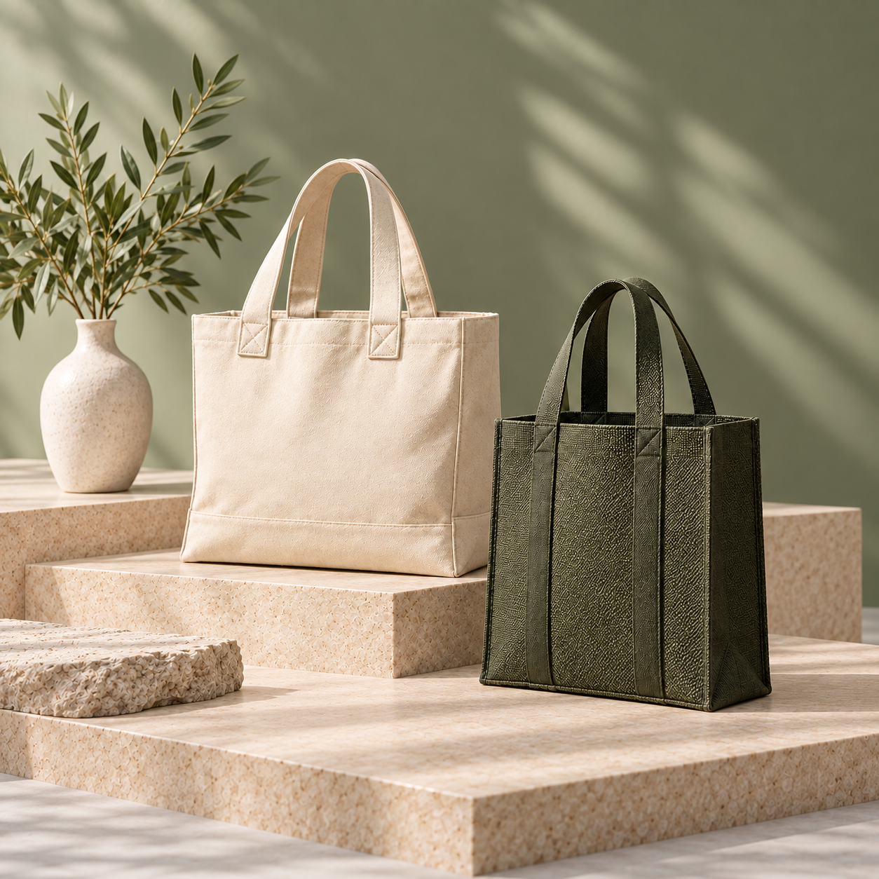 Natural cotton and dark green reusable shopping bags displayed with plants on a sunlit counter