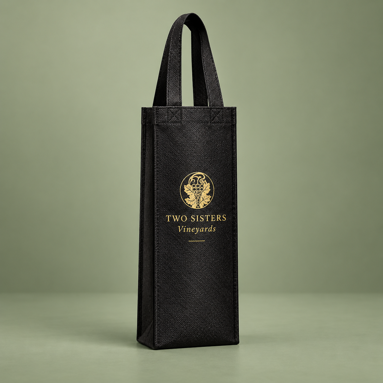 Tall black Vina Austin reusable wine bag with long handles and gold printing