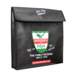 Black Avello's Pizza thermal delivery bag with a front flap and printed restaurant logo