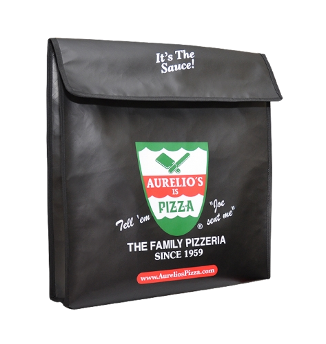Black Avello's Pizza thermal delivery bag with a front flap and printed restaurant logo