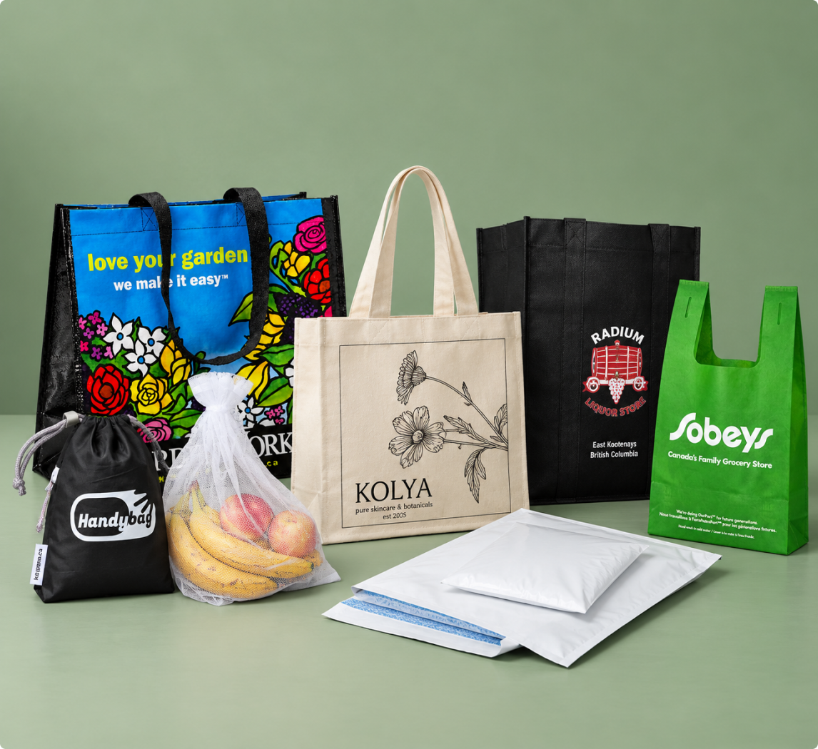 Assortment of custom reusable bags, mesh produce bags and packaging samples on a green background