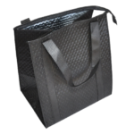 Black ultrasonic insulated thermal bag with short handles and an open silver-lined top