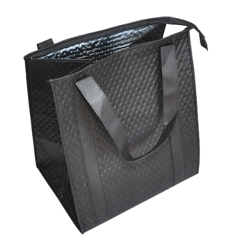 Black ultrasonic insulated thermal bag with short handles and an open silver-lined top