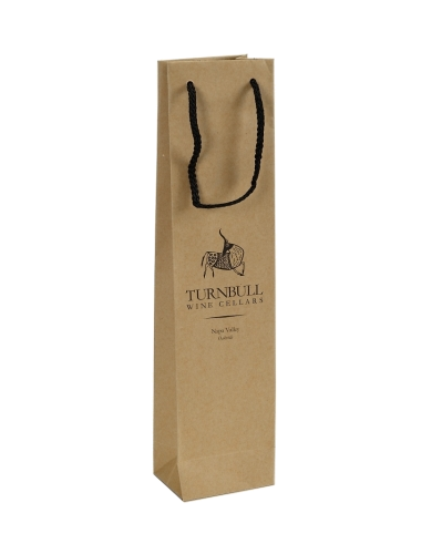 Tall kraft paper wine bag with black rope handles and a printed winery logo