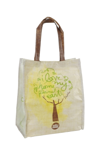 Cream laminated recycled RPET shopping bag with brown handles and a yellow tree design