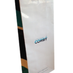 Tall white laminated paper wine bag with die-cut handles and a COPRI logo