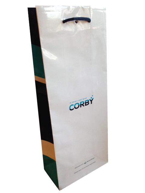 Tall white laminated paper wine bag with die-cut handles and a COPRI logo