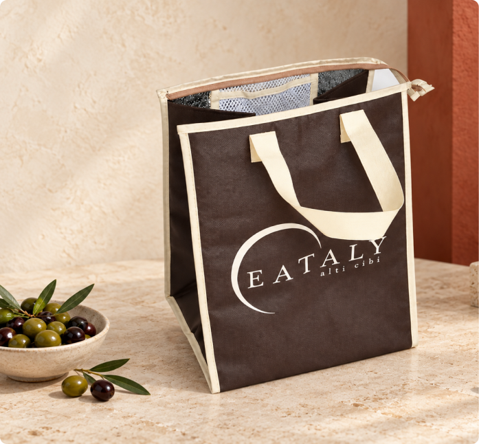 Brown Eataly shopping bag with cream handles beside olives