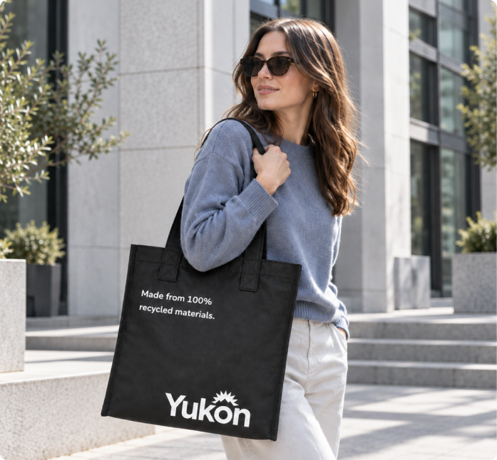 Woman carrying a black Yukon recycled RPET shopping bag outdoors