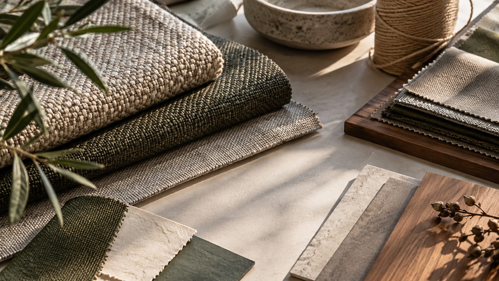 Woven fabric, paper and other reusable bag material samples arranged on a work surface