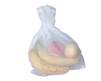 White reusable mesh produce bag filled with bananas and other fruit