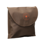 Brown reusable nylon produce bag folded into a compact pouch with a flap closure