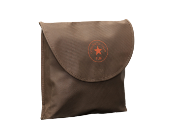 Brown reusable nylon produce bag folded into a compact pouch with a flap closure