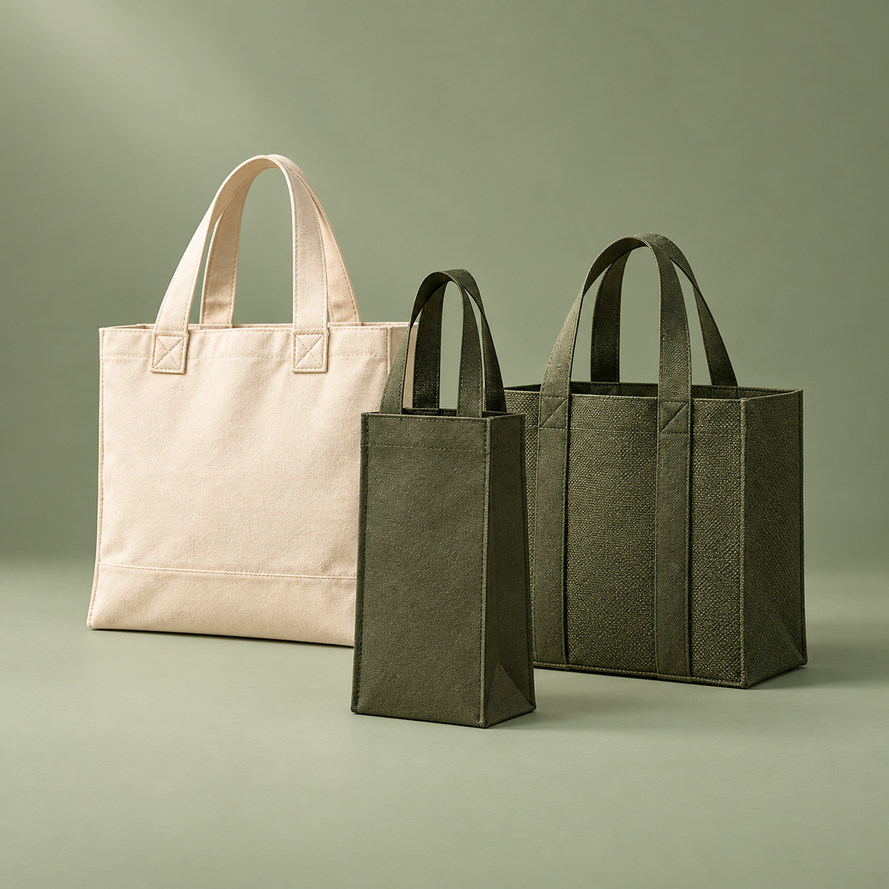 Natural cotton and dark green reusable shopping bags in different sizes