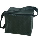 Dark green reusable thermal lunch bag with a zip top, carrying handles and shoulder strap