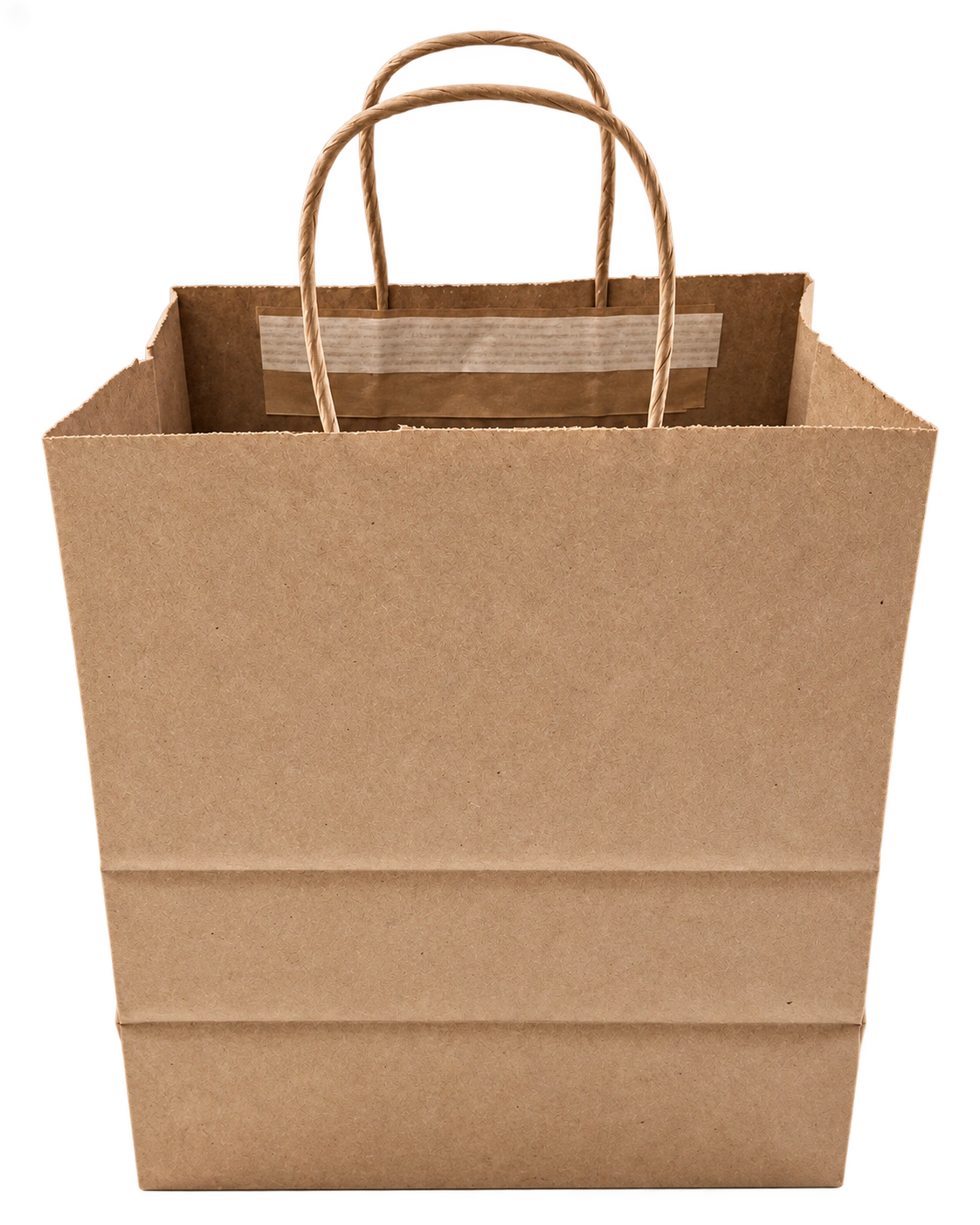 Brown kraft paper takeaway bag with upright paper handles and a folded top